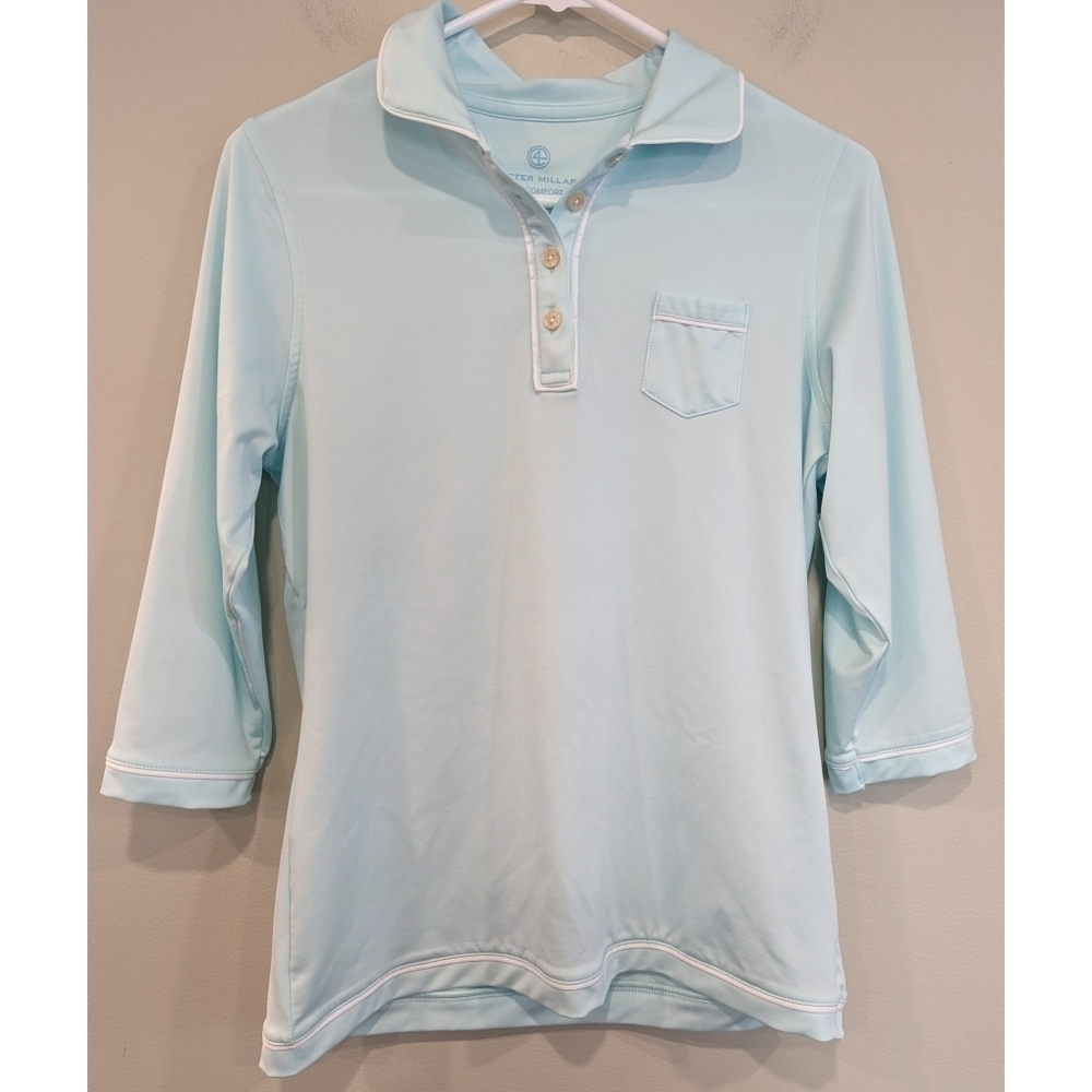 Peter Millar Sun Comfort UPF 50 Aqua 3/4 Length Polo Shirt Small